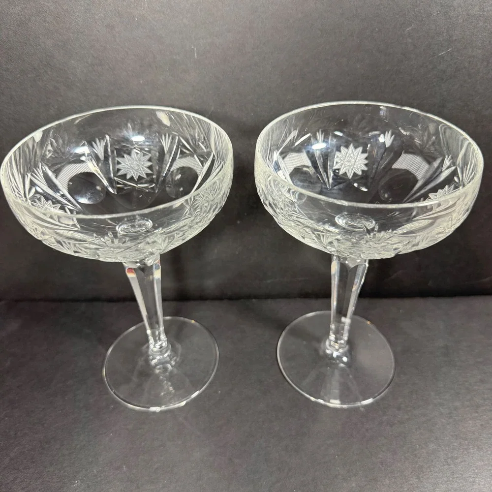 Champagne Coupe Glasses Clear Starburst Cut Pattern Vintage Style Set of 2